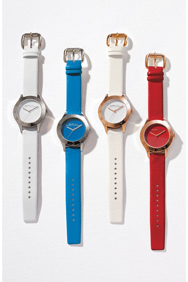 'Blade' Round Leather Strap Watch, Alternate, color, GOLD/ RED