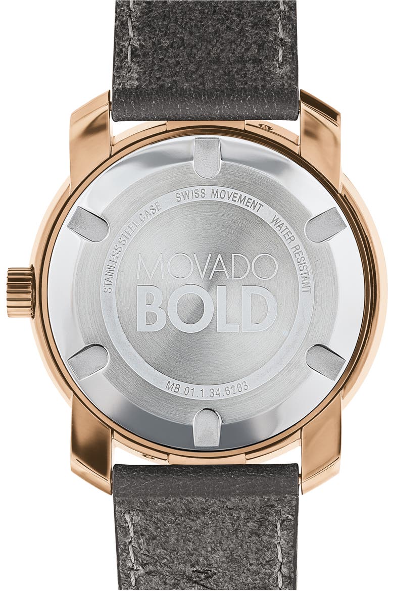 Bold Leather Strap Watch, 42.5mm, Alternate, color, GREY/ ROSE GOLD