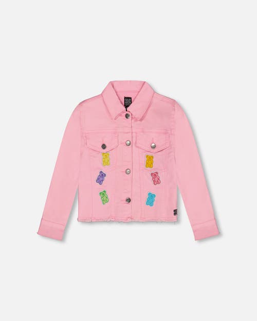 Deux Par Deux Girl's Jean Jacket With Embroidery Pink And Multicolored Gummies In Pink And Multicolored Gummies