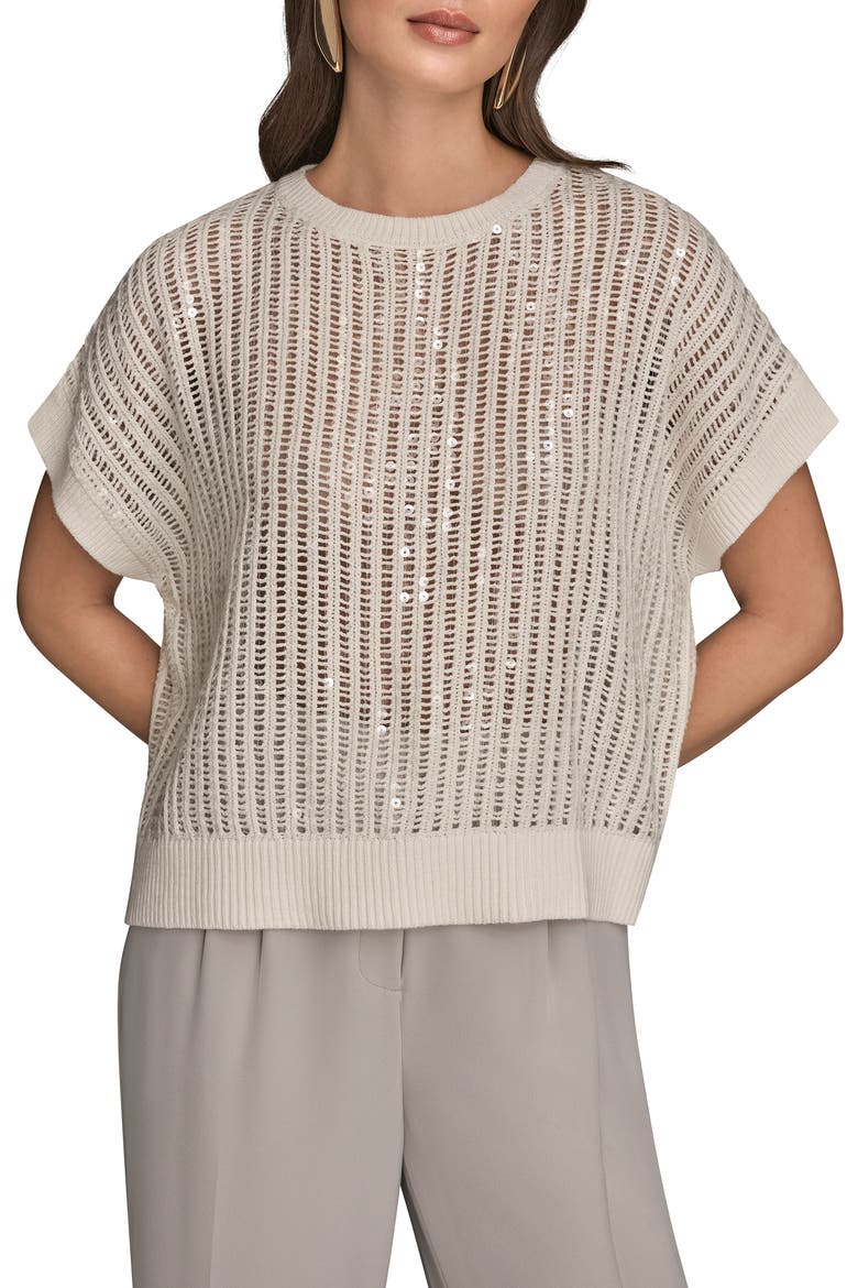 Sequin Open Stitch Short Sleeve Sweater, Main, color, CREAM