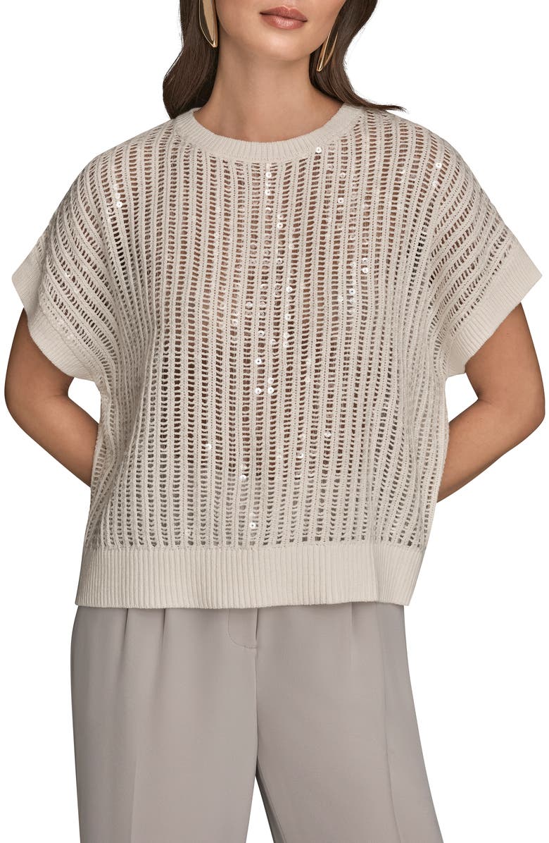 Donna Karan New York Sequin Open Stitch Short Sleeve Sweater, Main, color, Cream
