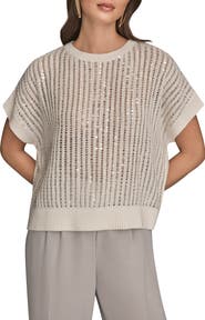 Donna Karan New York Sequin Open Stitch Short Sleeve Sweater