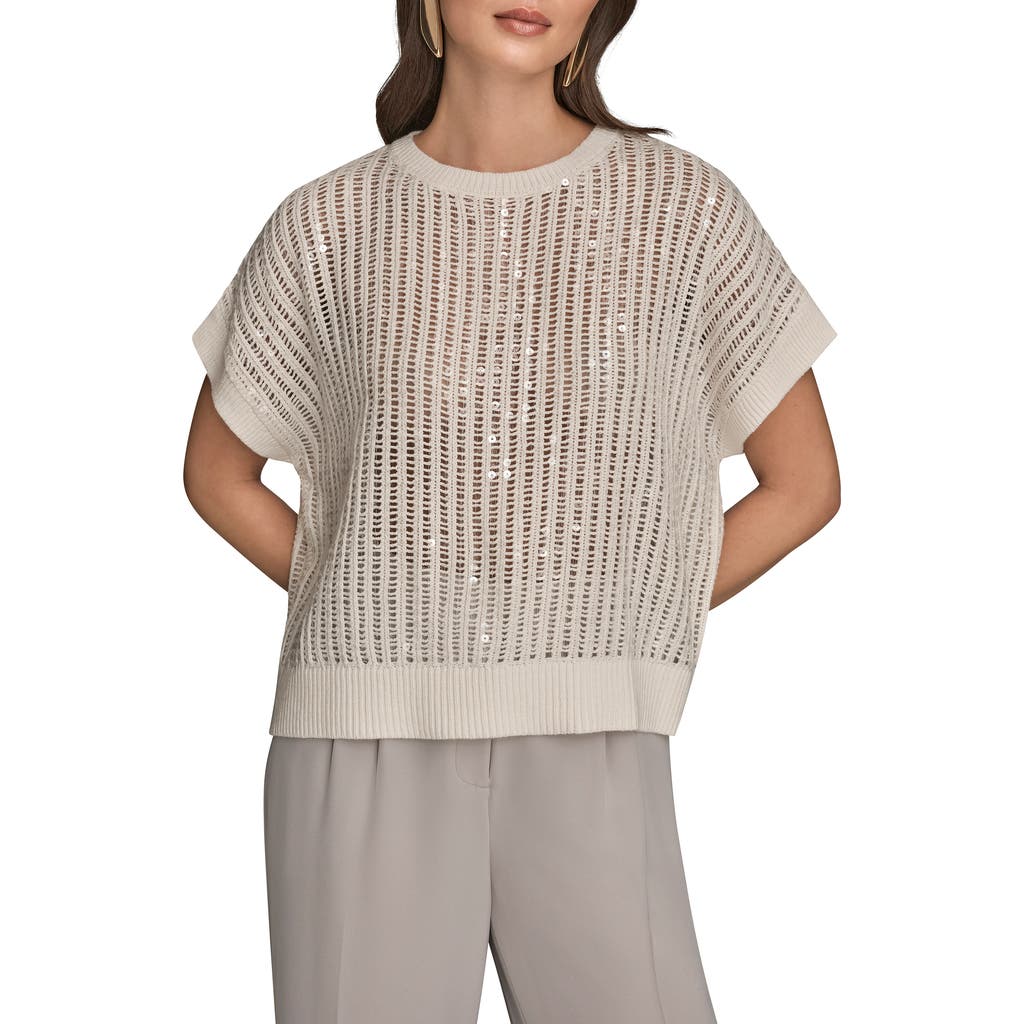 Donna Karan New York Sequin Open Stitch Short Sleeve Sweater In White