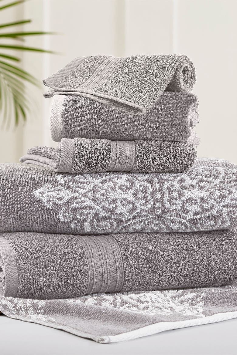 Gray Artesia Damask Reversible Yarn-Dyed Jacquard 6-Piece Towel Set, Main, color, GRAY