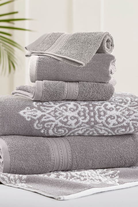 Gray Artesia Damask Reversible Yarn-Dyed Jacquard 6-Piece Towel Set