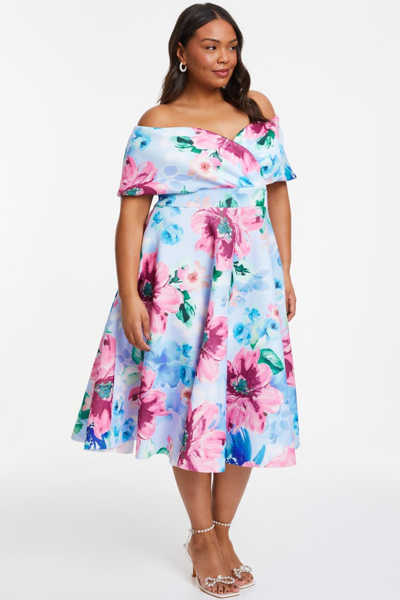 Plus Size Scuba Knit Floral Bardot Skater Midi Dress, Alternate, color, Blue