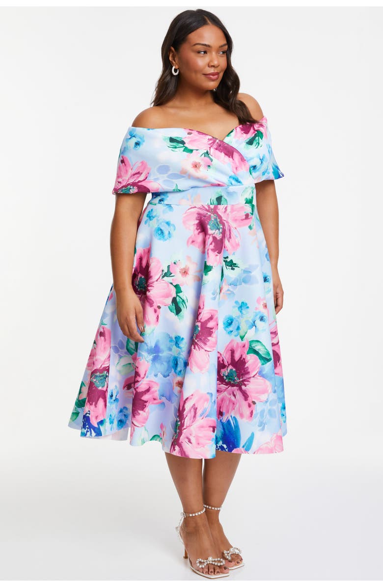 QUIZ Plus Size Scuba Knit Floral Bardot Skater Midi Dress, Alternate, color, 