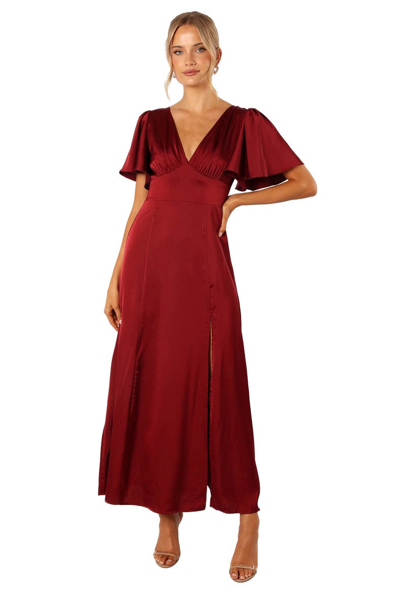 Casper Flutter Sleeve Satin Dress, Alternate, color, WINE