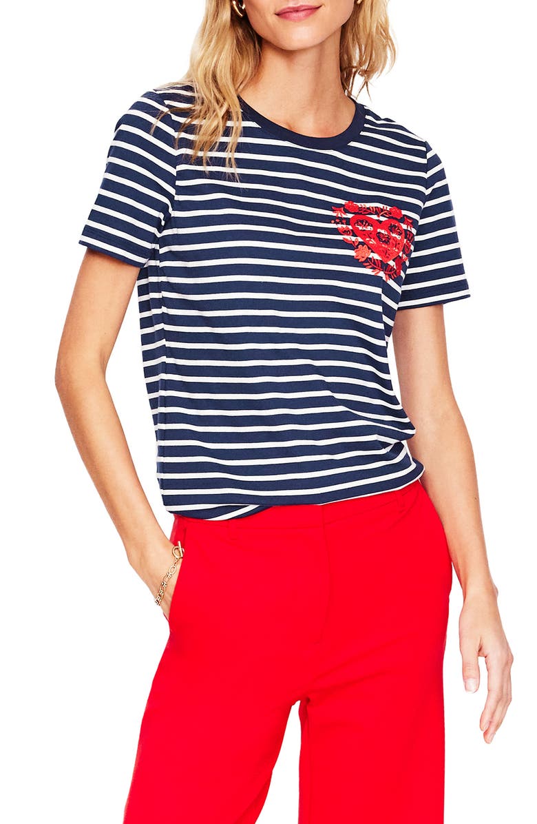 Boden Stripe Heart Embroidered Cotton Graphic T-Shirt, Main, color, 