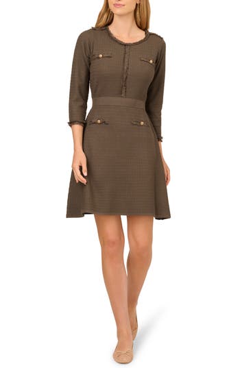 Adrianna Papell Waffle Knit Three-quarter Sleeve Minidress In Brown