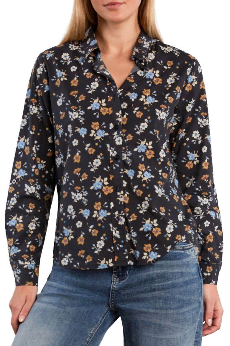 Cotton Blend Button-Up Shirt, Main, color, BLACK RETRO ROSE