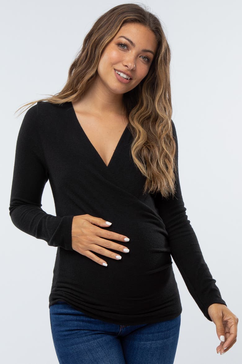 Brushed Knit Wrap Front Top, Main, color, Black