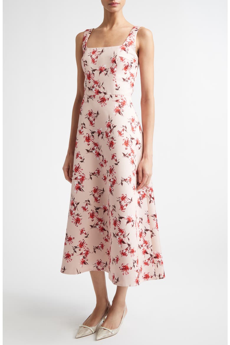 Shiloh Floral Faille Midi Dress, Alternate, color, SUMMER LILLIES RED ON PINK