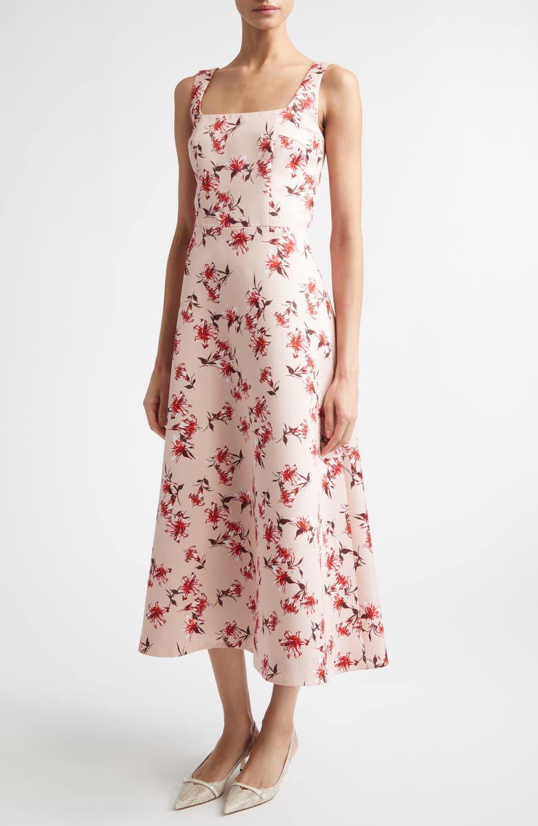 Emilia Wickstead Shiloh Floral Faille Midi Dress, Alternate, color, Summer Lillies Red On Pink