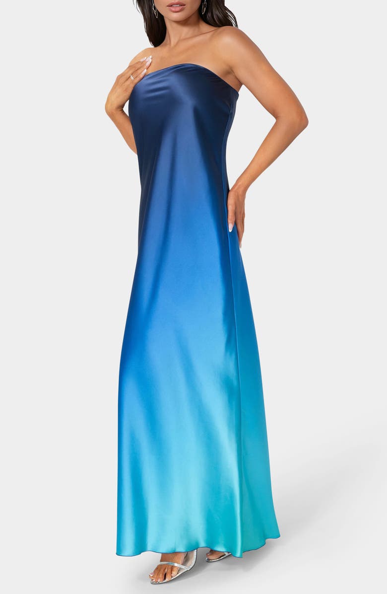 bebe Satin Ombré Strapless Maxi Dress, Alternate, color, Blue Multi