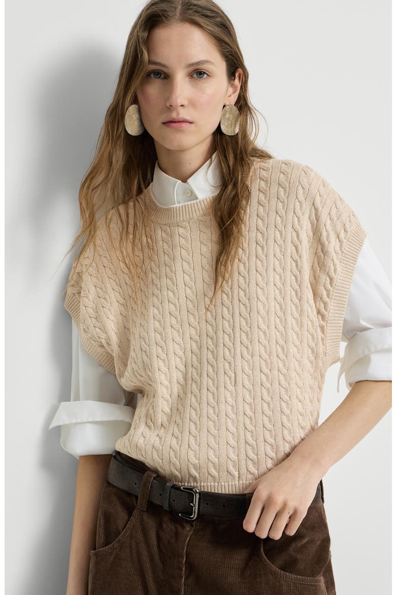 Sparkling cotton cable knit sweater, Alternate, color, Sand