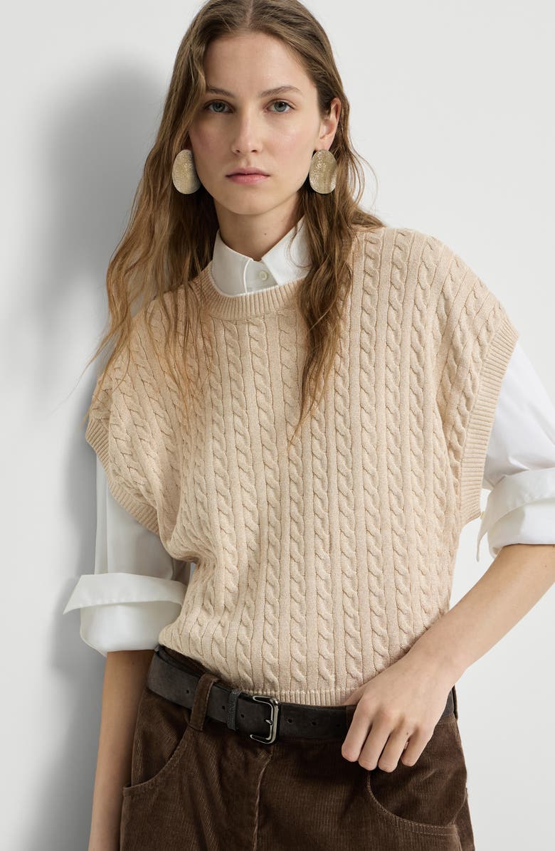 Brunello Cucinelli Sparkling cotton cable knit sweater, Alternate, color, Sand