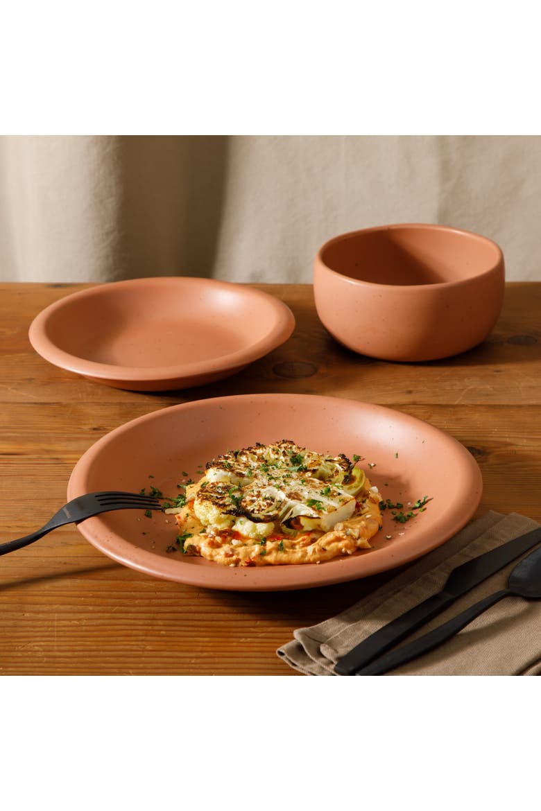 Corsica Clay 12 Piece Stoneware Reactive Glaze Dinnerware Set, Alternate, color, Burnt Apricot Terracotta