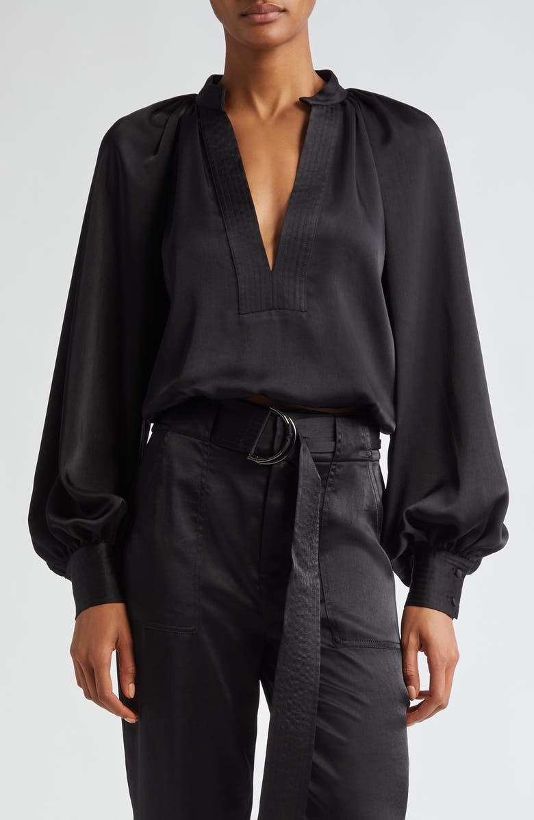 Ramy Brook Nevada Split Neck Satin Top, Main, color, Black
