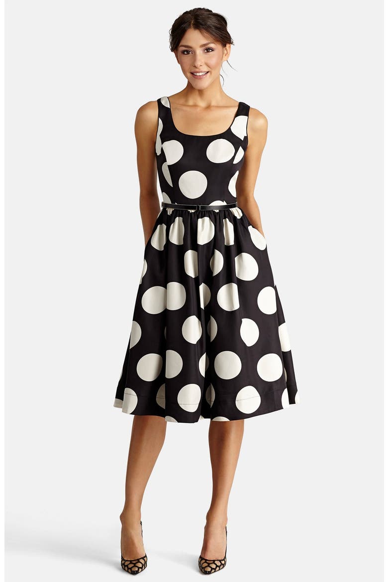 Polka Dot Fit & Flare Midi Dress, Main, color, BLACK/ WHITE