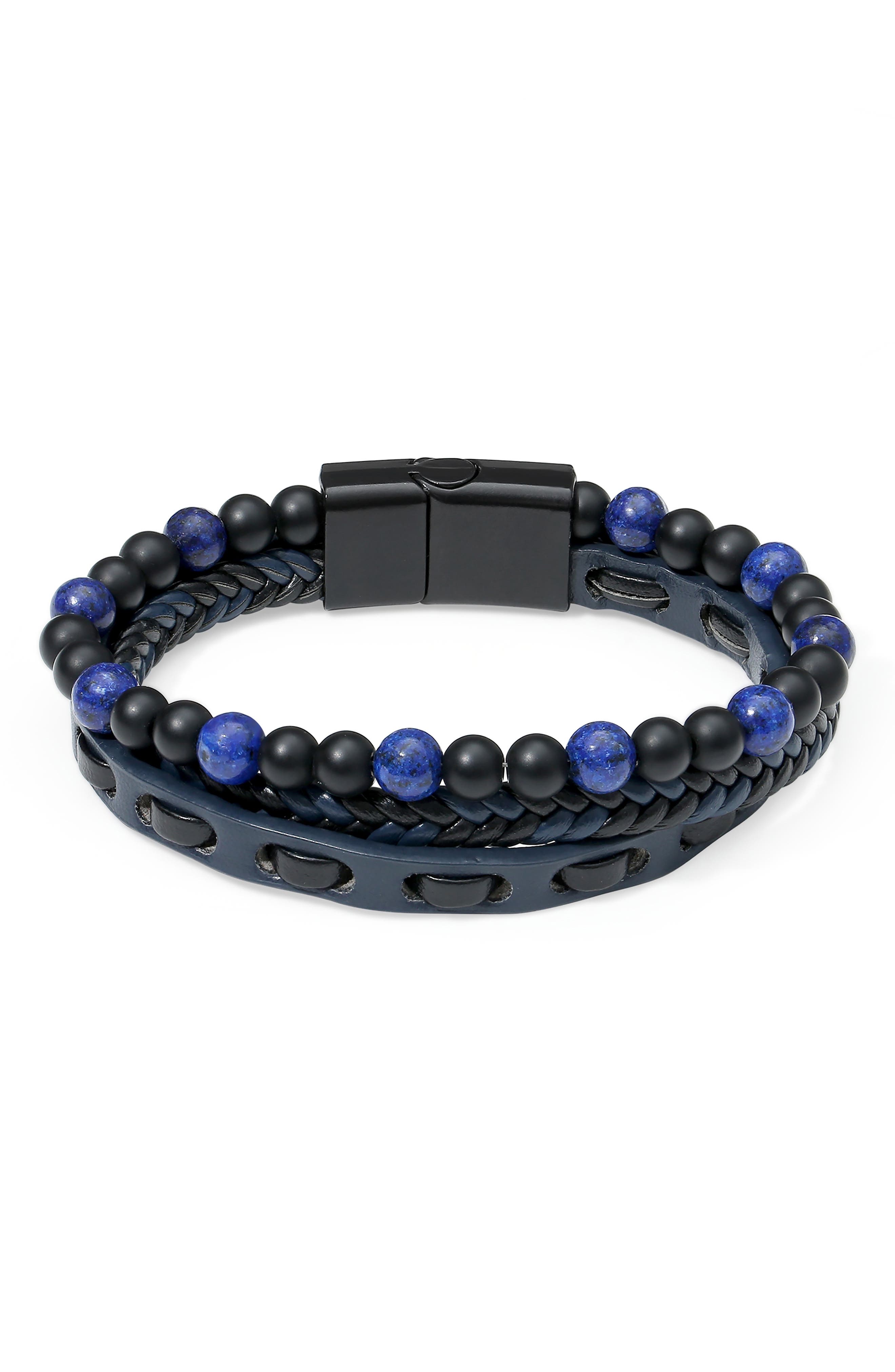 Men's Woven Leather and Beaded Multistrand Bracelet