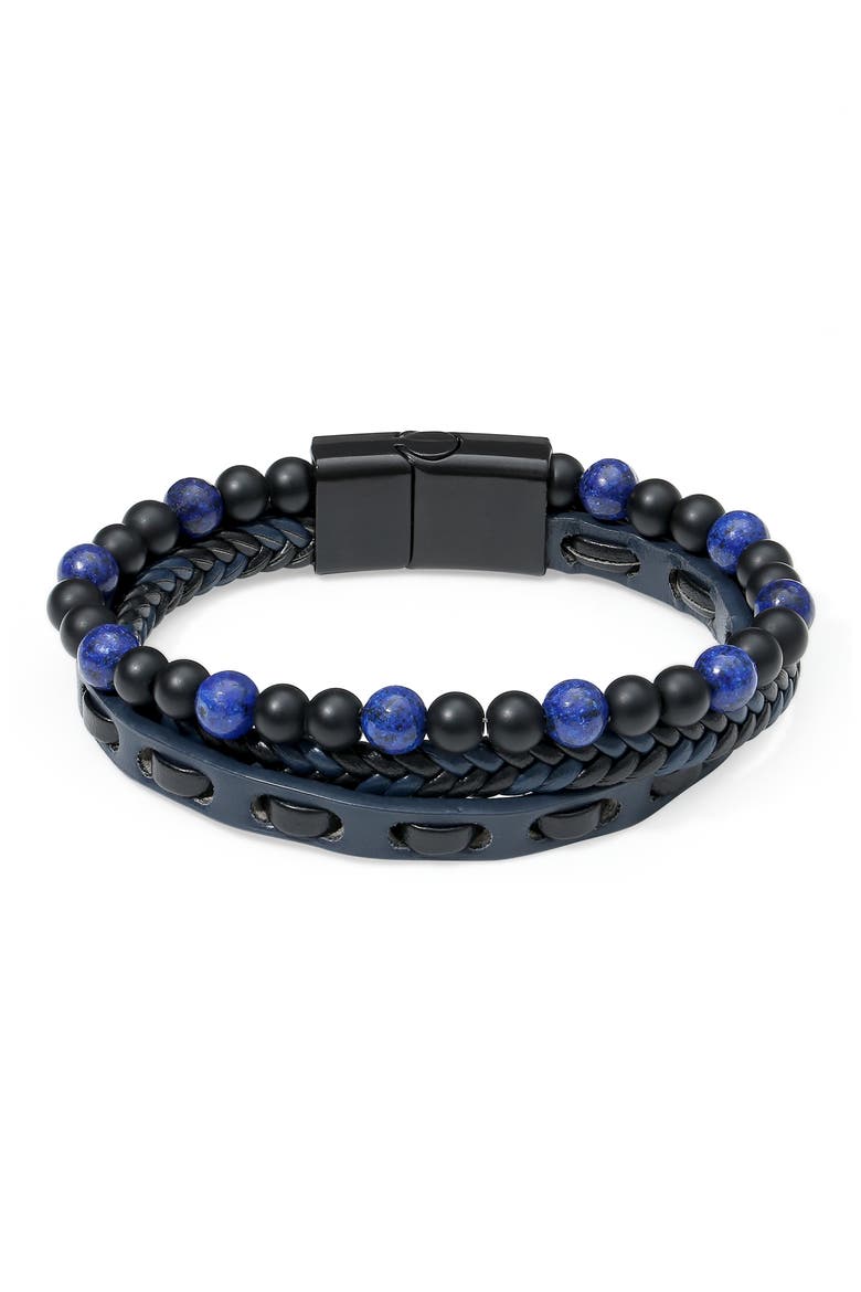 Men's Woven Leather and Beaded Multistrand Bracelet, Main, color, BLUE