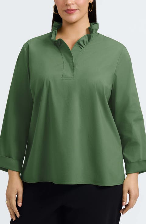 Tammy Ruffle Collar Cotton Blend Top (Plus)