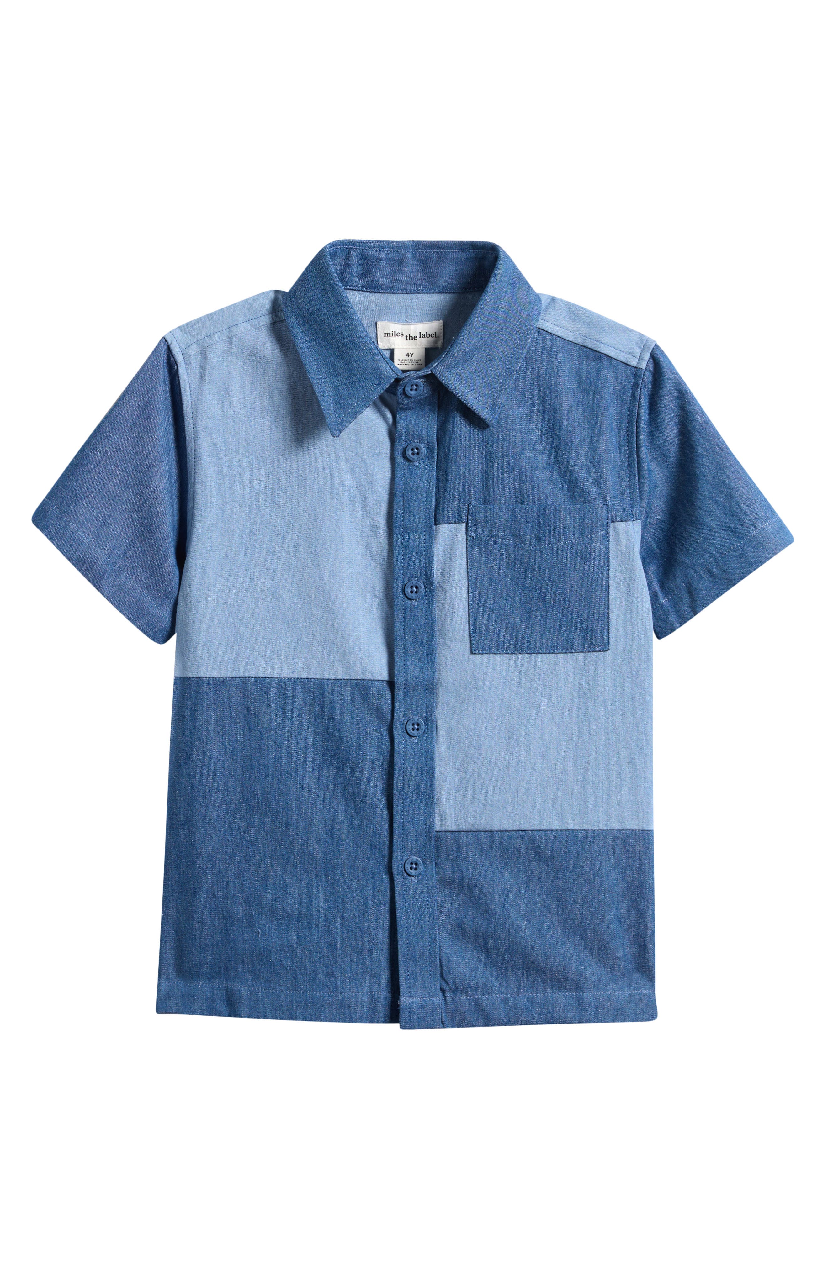Kids' Patchwork Short Sleeve Chambray Button-Up Shirt (Men