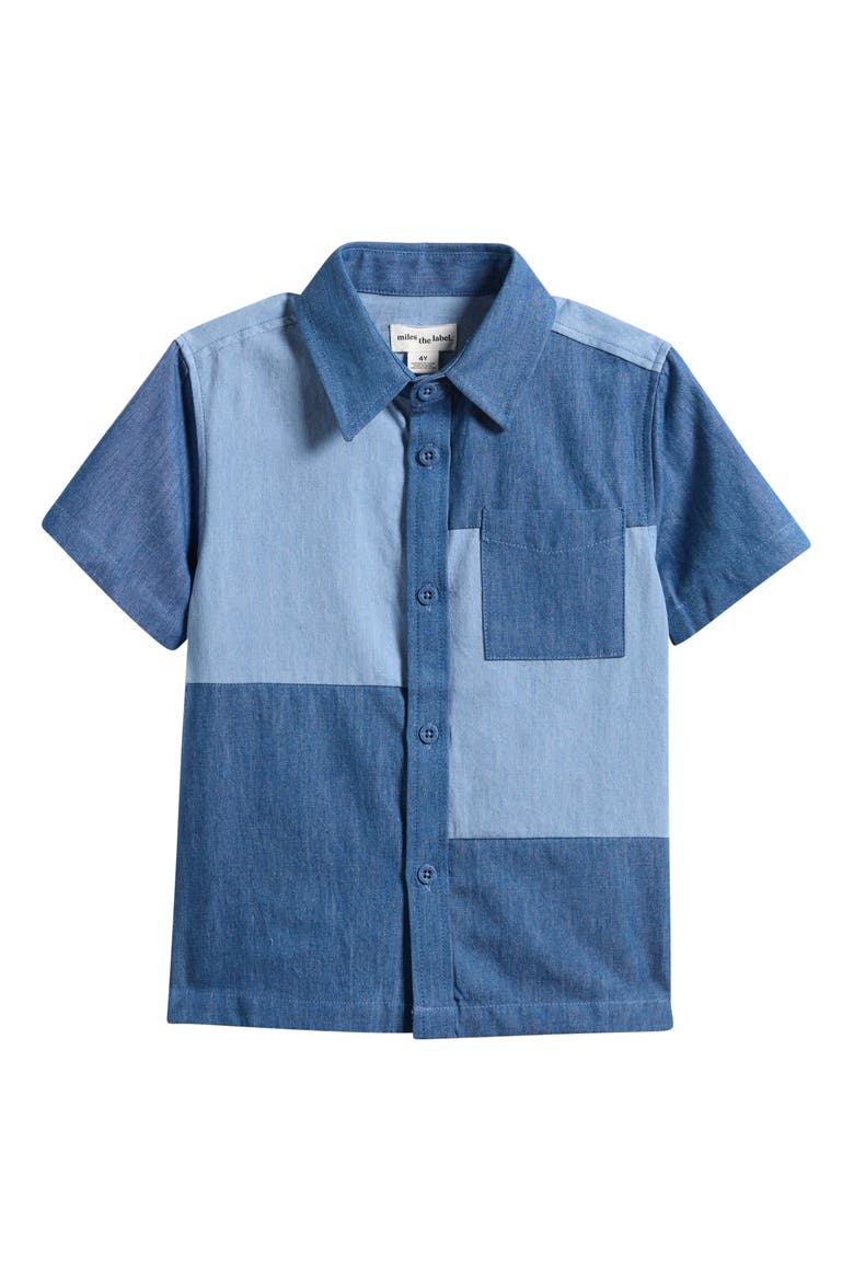 Kids' Patchwork Short Sleeve Chambray Button-Up Shirt, Main, color, BLUE DENIM