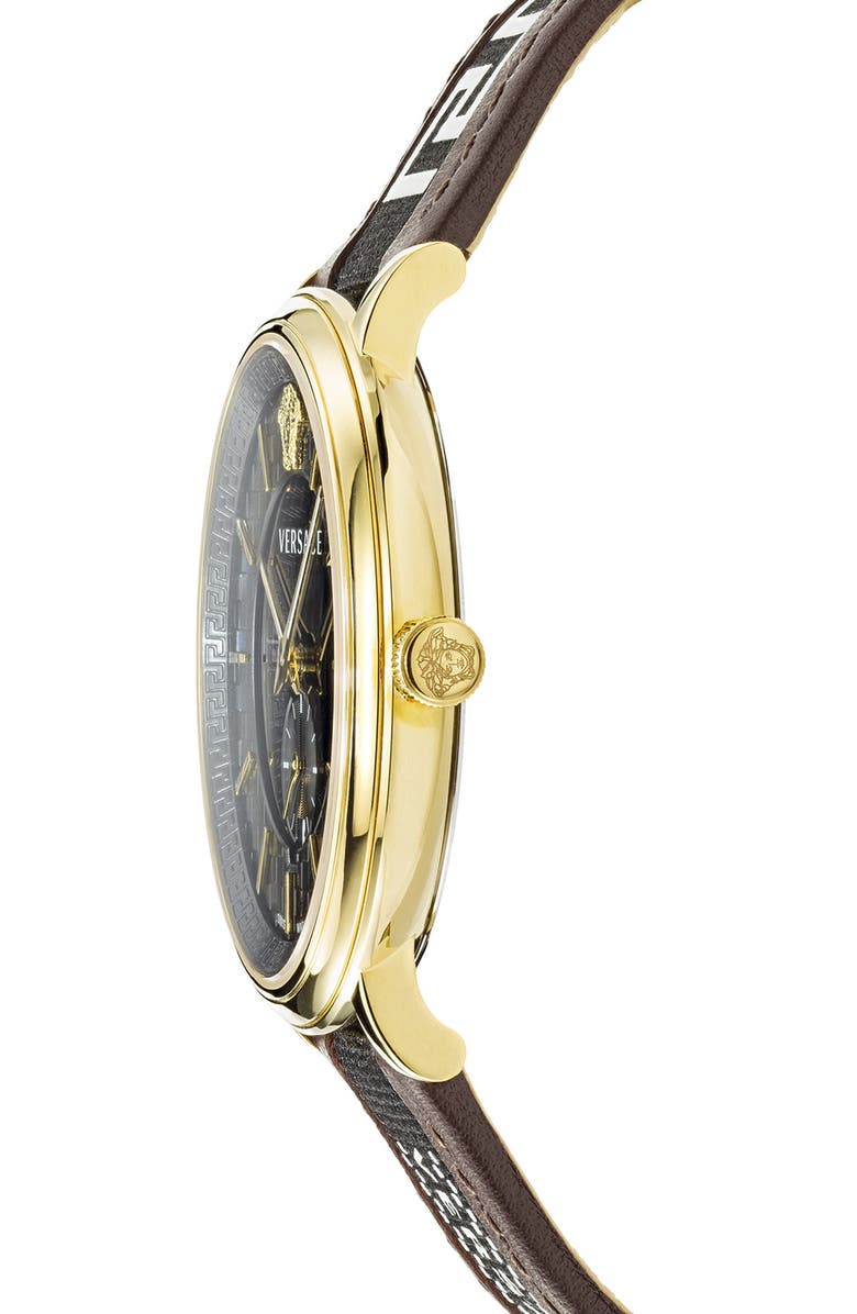 Versace V Circle Greca Leather Strap Watch, 42mm, Alternate, color, 