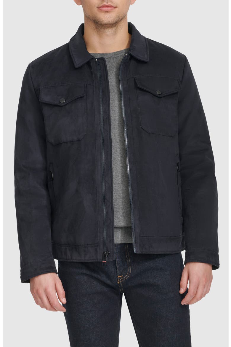 Faux Suede Trucker Jacket, Main, color, NAVY