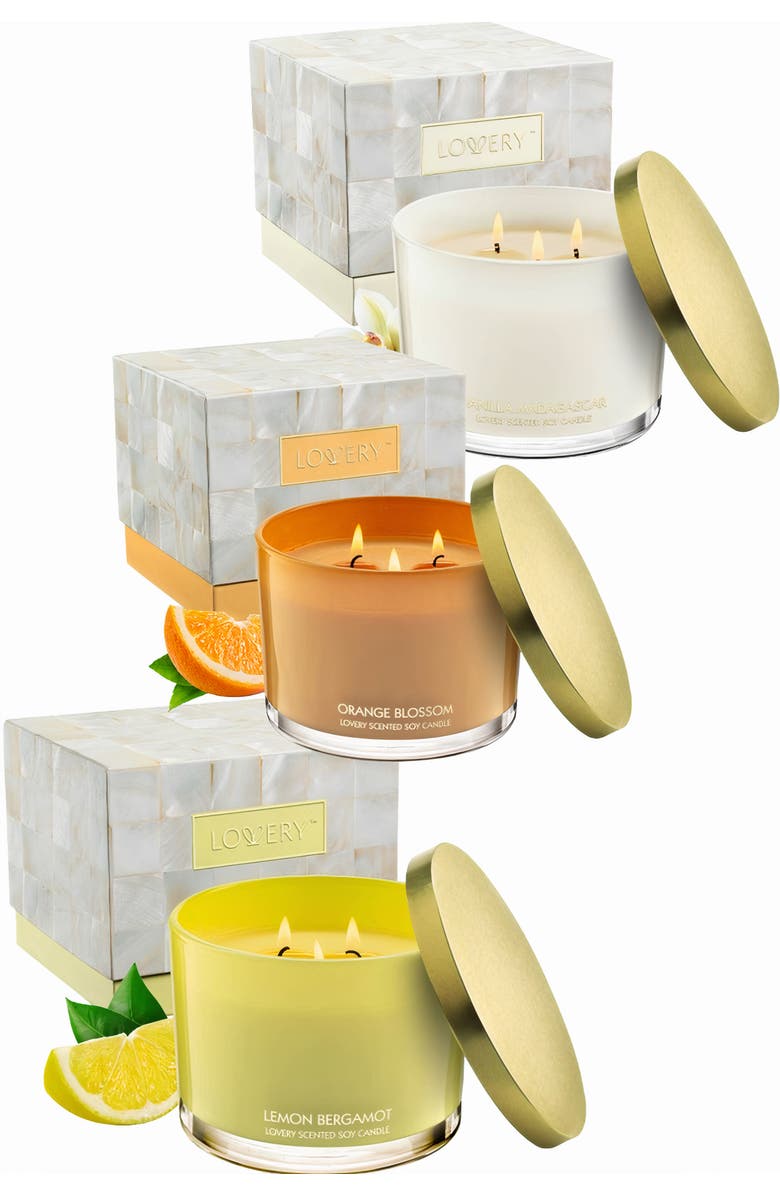 Lovery 3-Wick Scented Candle Trio Gift Set, Main, color, White/Orange/Yellow/Gold
