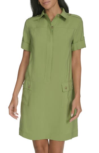 Calvin Klein Roll Cuff Short Sleeve Shirtdress In Guacamole