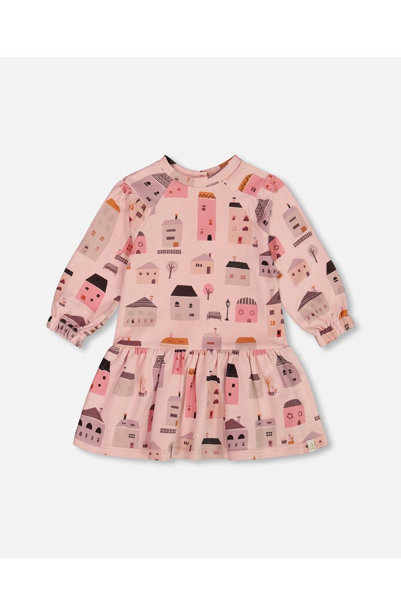 Deux par Deux Little Girl's Printed French Terry Dress Pink And Coral Houses, Main, color, 