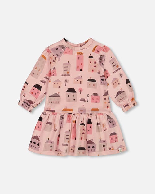 Deux Par Deux Girl's Printed French Terry Dress Pink And Coral Houses In Pink And Coral Houses