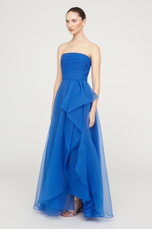Theia Teresa Draped Strapless Gown In Blue