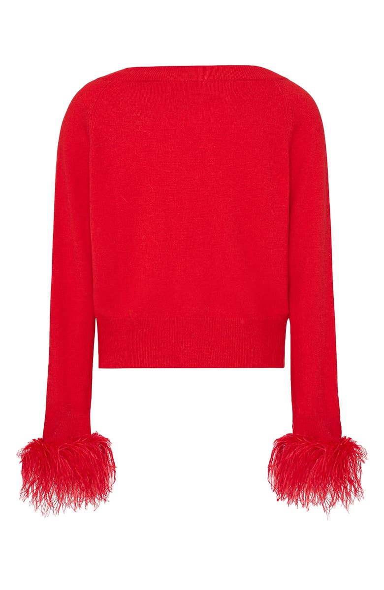 Milly Feather Cuff V-Neck Sweater, Alternate, color, Red