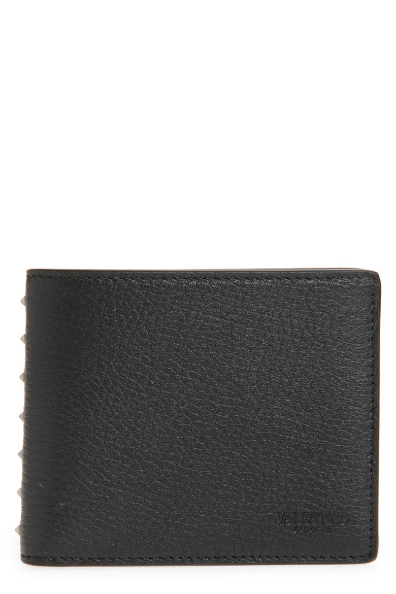 Rockstud Leather Bifold Wallet, Main, color, BLACK