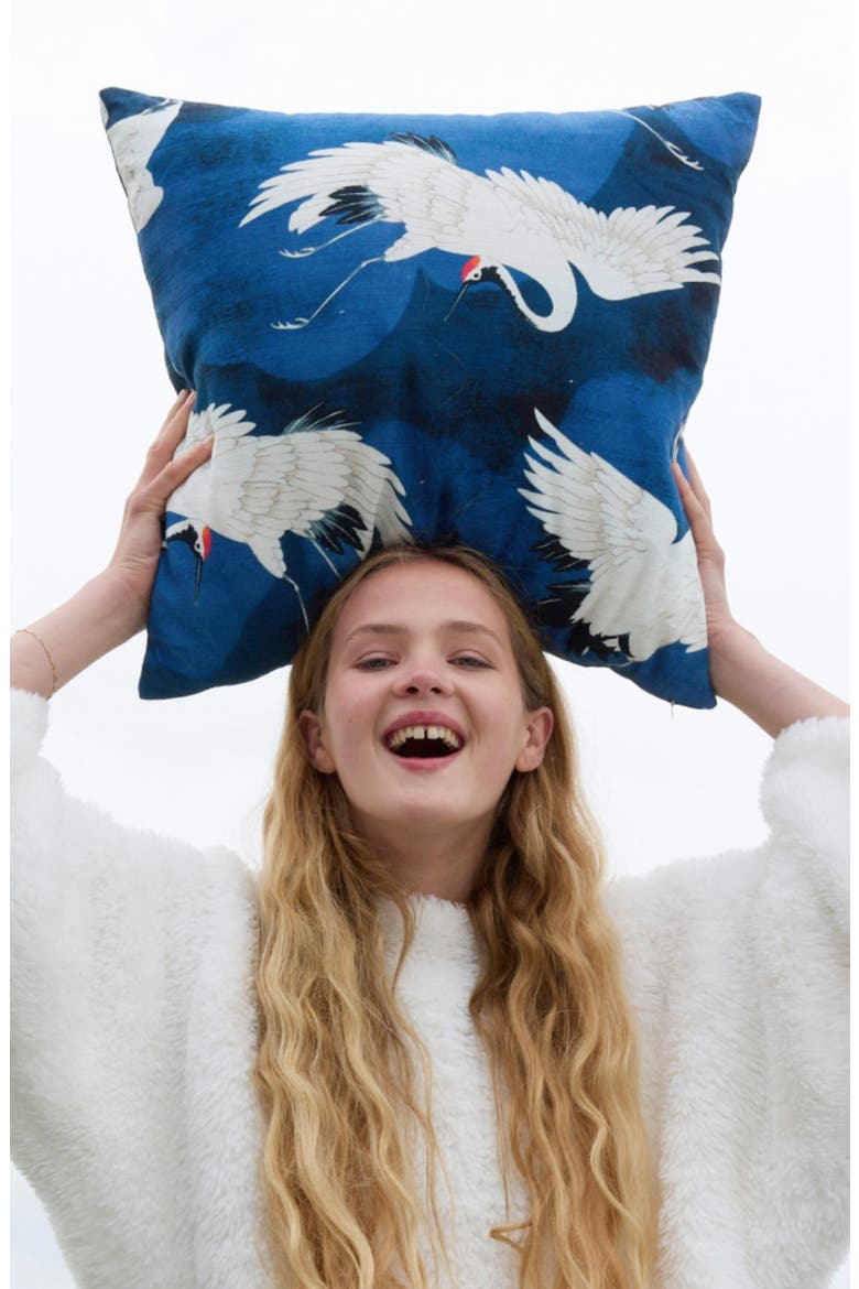 Crane in the Clouds Big Throw Pillow, Alternate, color, BARITONE BLUE