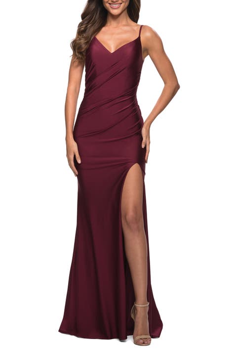 Diagonal Ruched Jersey Gown with V Neckline