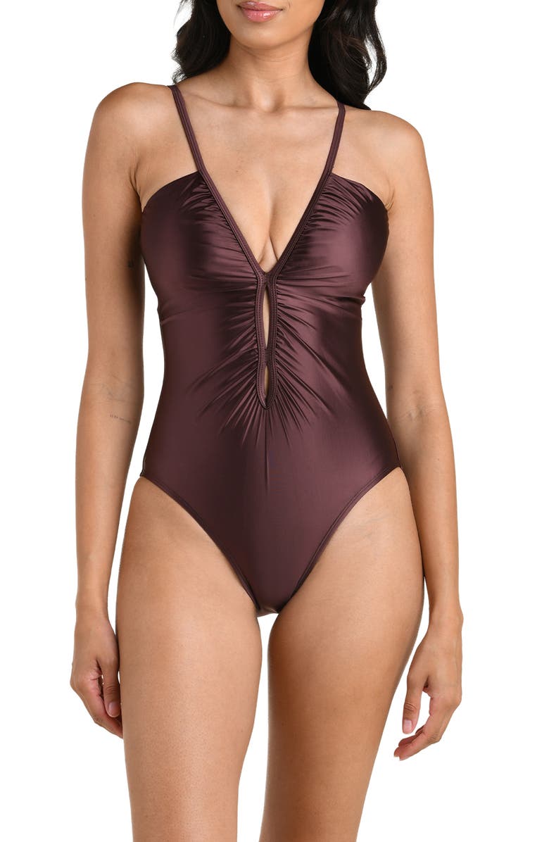 La Blanca Earth Lace-Up One-Piece Swimsuit, Main, color, Truffle