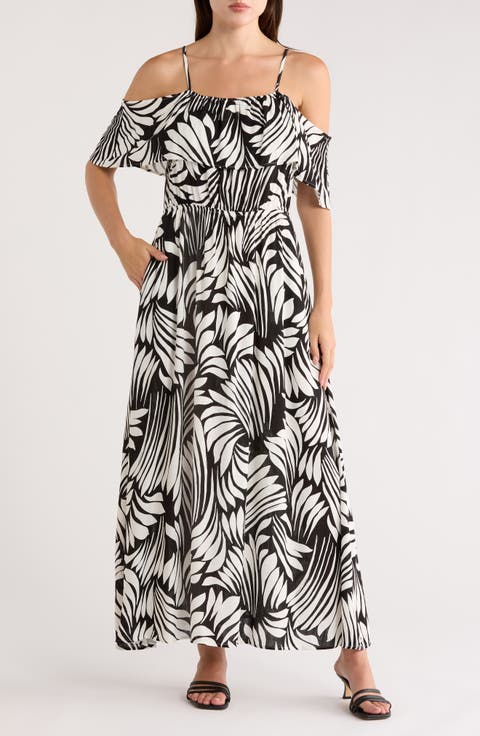 Fan Print Cold Shoulder Maxi Dress