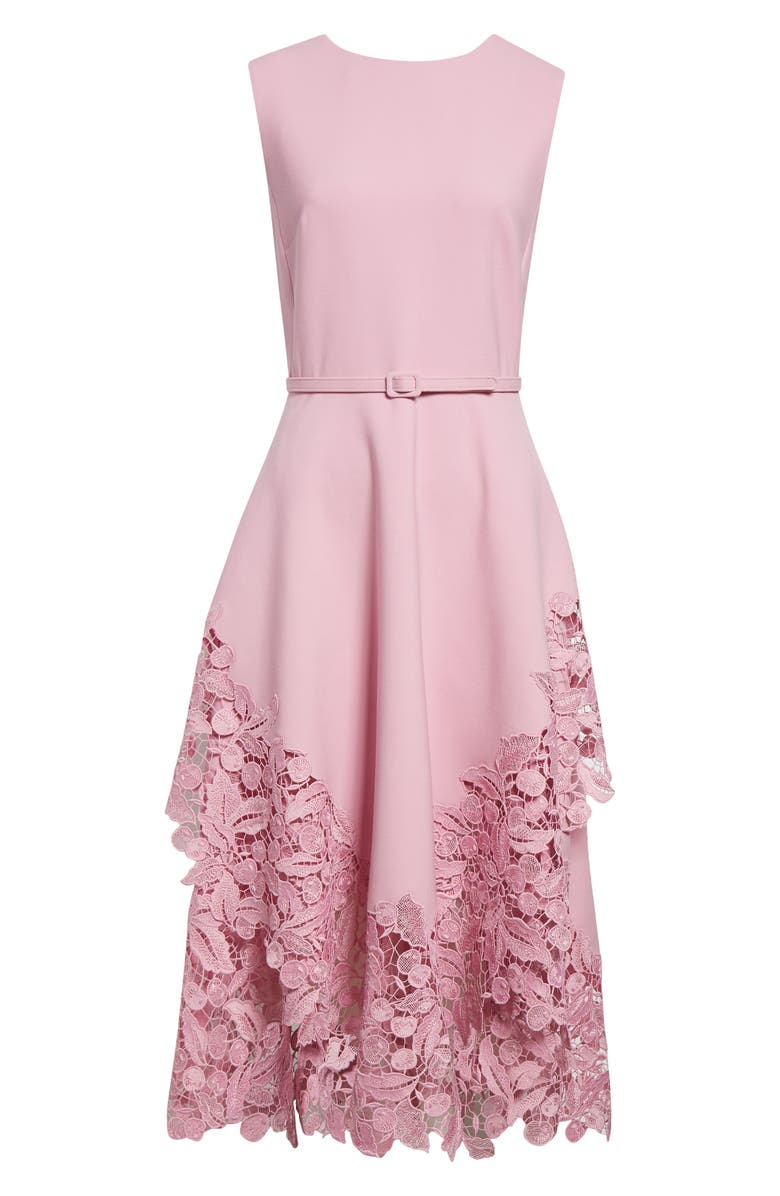 Oscar de la Renta Cherry Blossom Guipure Lace Trim Belted Midi Dress, Alternate, color, Lily