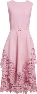 Oscar de la Renta Cherry Blossom Guipure Lace Trim Belted Midi Dress