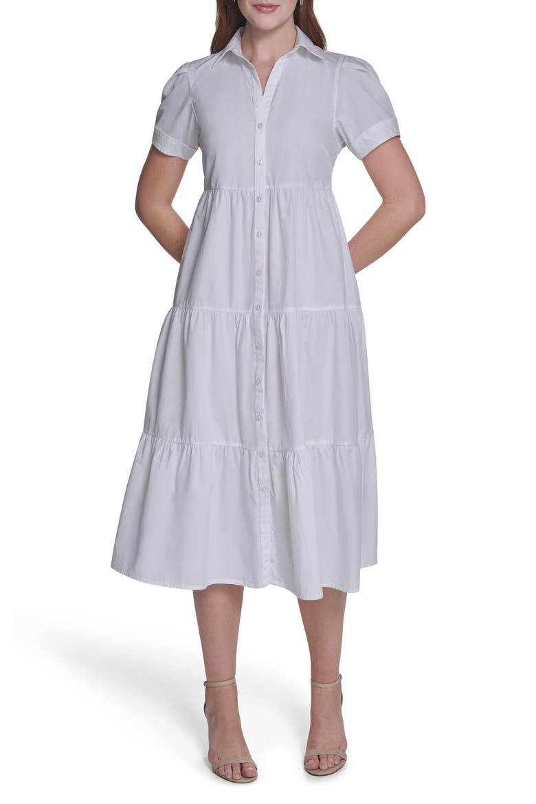 Calvin Klein Short Sleeve Cotton Tiered Maxi Dress (Women)