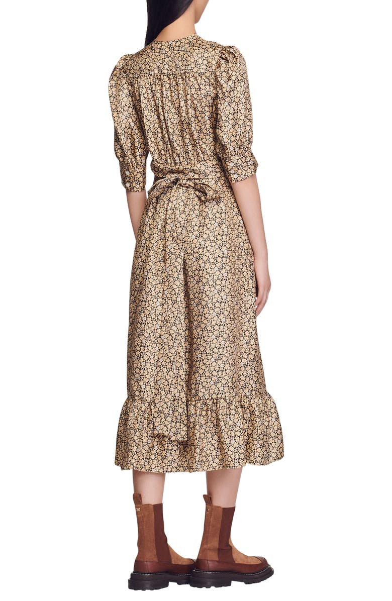 SANDRO Enrika Floral Surplice Silk Dress, Alternate, color, Beige
