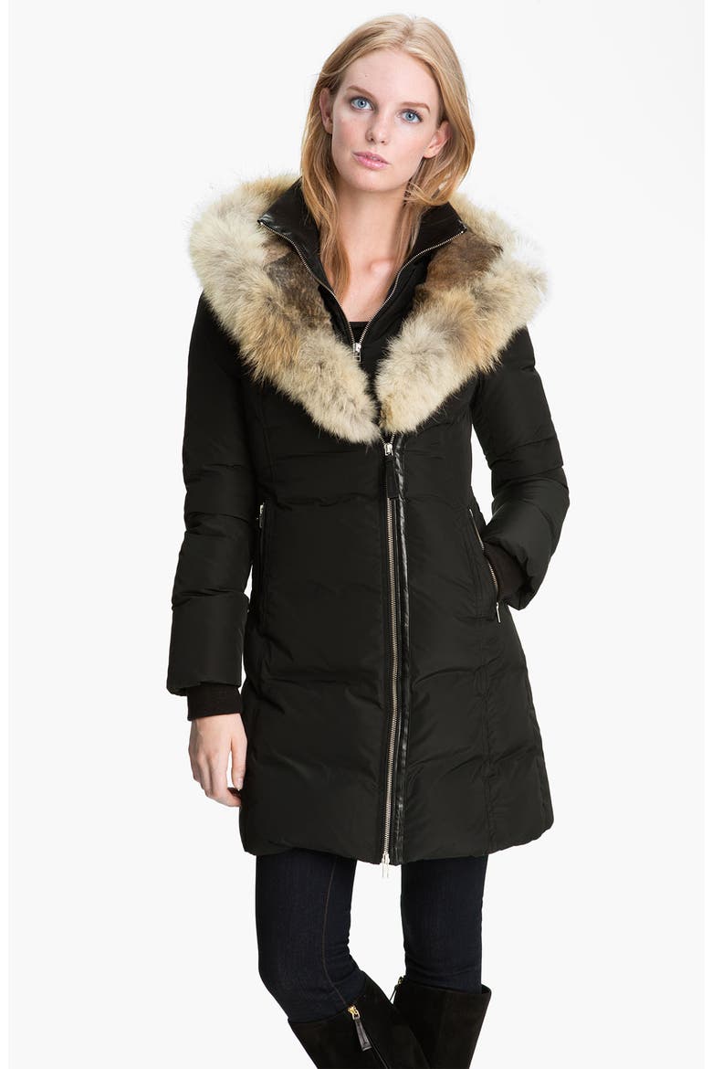 Long Down Coat with Genuine Coyote & Rabbit Fur, Main, color, BLACK