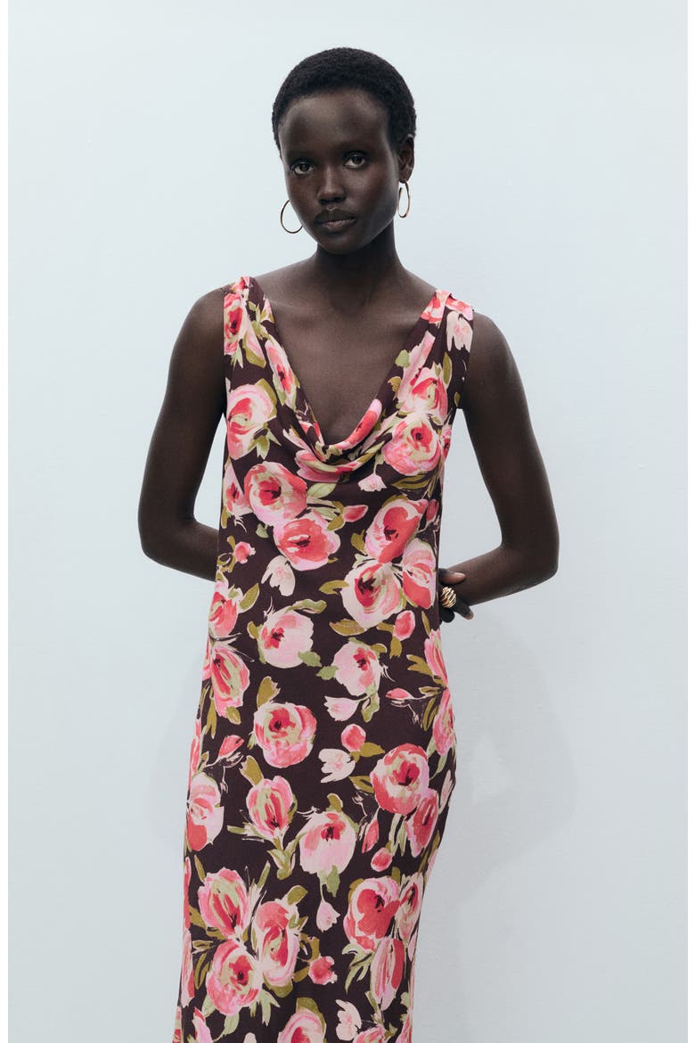 Floral Print Cowl Neck Sleeveless Midi Dress, Alternate, color, BROWN