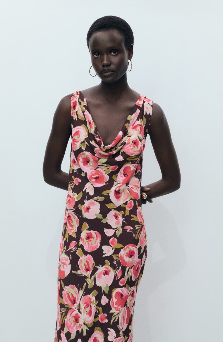 MANGO Floral Print Cowl Neck Sleeveless Midi Dress, Alternate, color, Brown