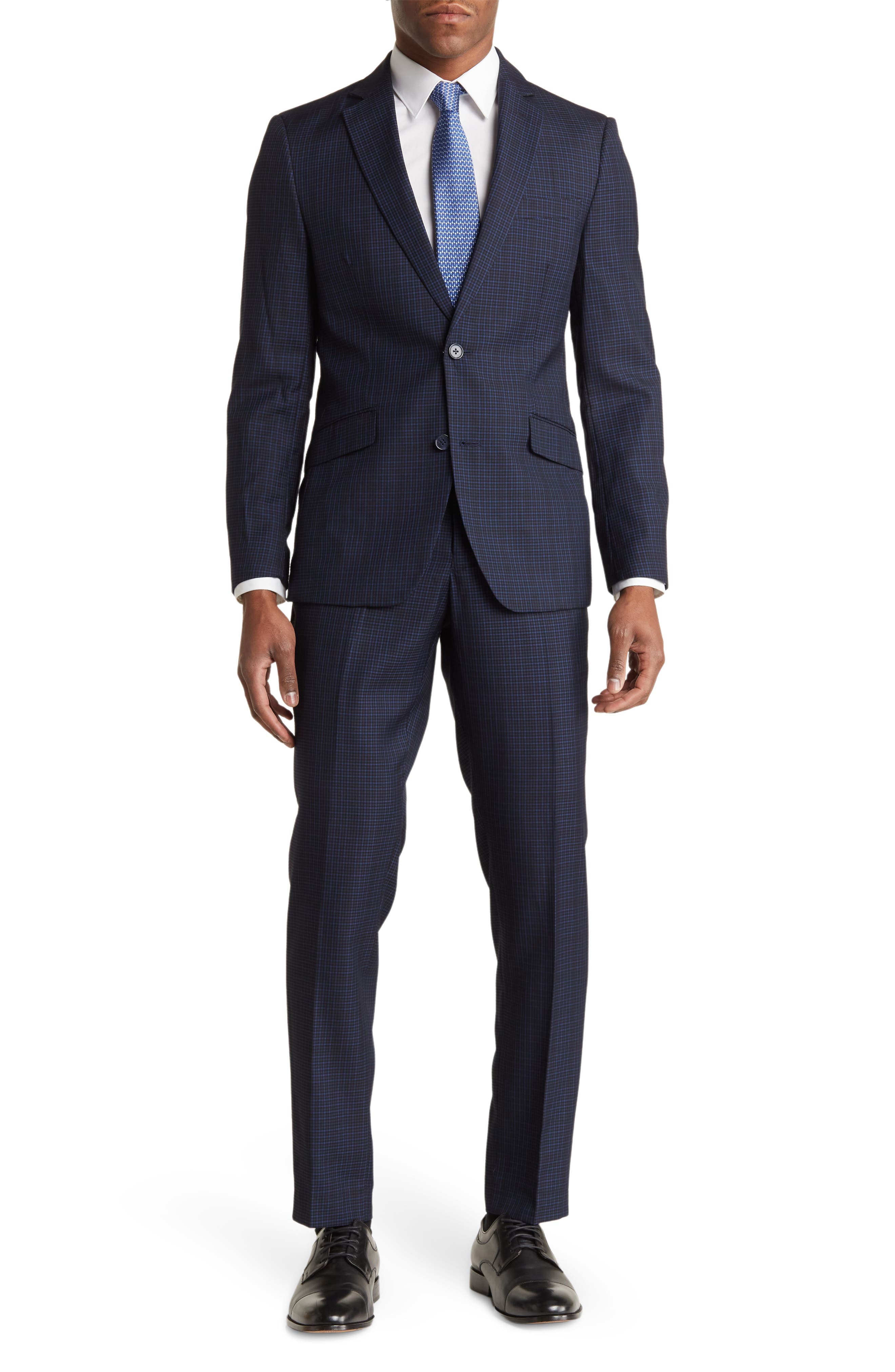SAVILE ROW CO Hoxton Navy Grid Check Two-Button Notch Lapel Suit